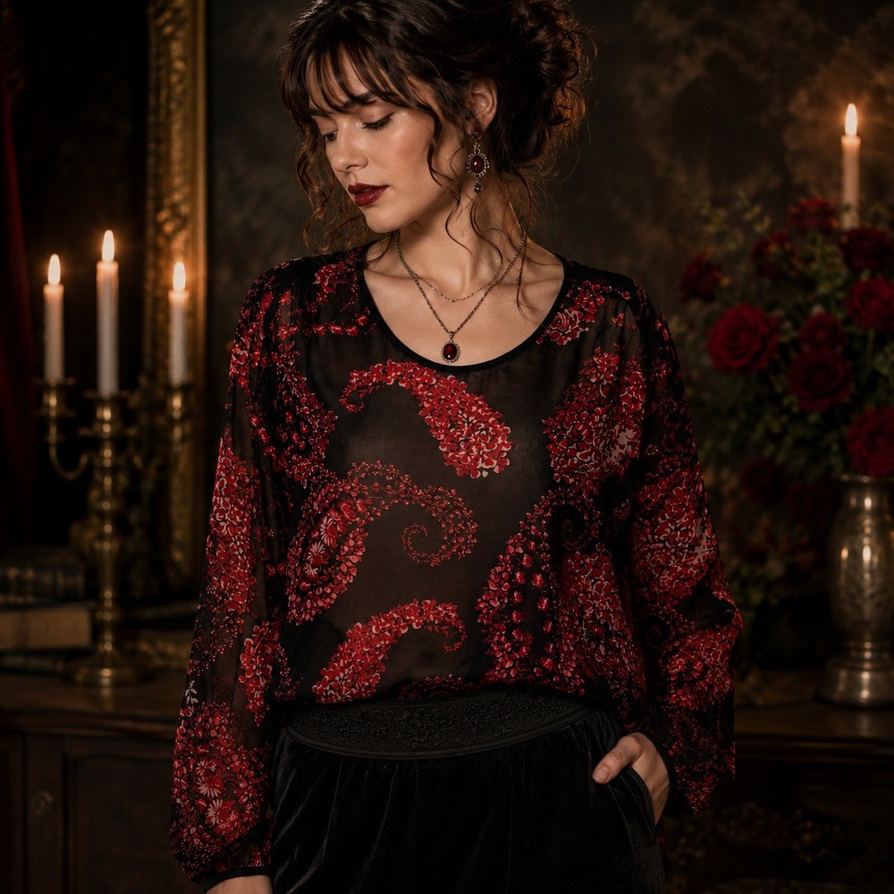 Paisley‎ Floral Sheer Top Sz XL Long Sleeve Boho Romantic Goth Date Night